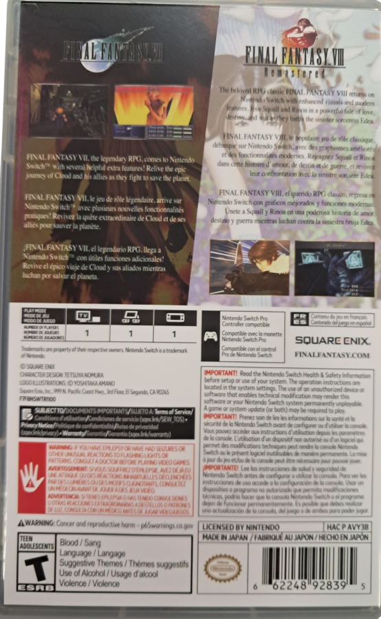 Final Fantasy VII and VIII Remastered Twin Pack Nintendo Switch inspired design featuring classic JRPG adventure collection aesthetic iconic characters epic turn based combat enhanced visuals deep emotional storytelling sprawling worlds and legendary fantasy sci fi journeys presentation back cover 