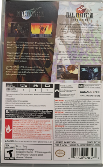 Final Fantasy VII and VIII Remastered Twin Pack Nintendo Switch inspired design featuring classic JRPG adventure collection aesthetic iconic characters epic turn based combat enhanced visuals deep emotional storytelling sprawling worlds and legendary fantasy sci fi journeys presentation back cover 
