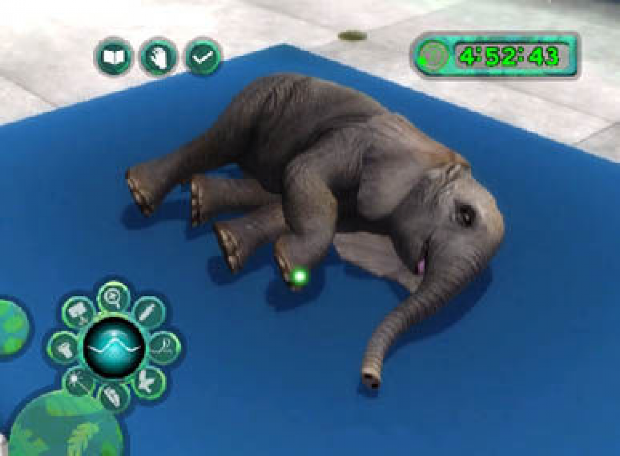Zoo Hospital gameplay for Nintendo Wii (Wii) featuring veterinary simulation gameplay where players diagnose and treat exotic animals, manage a zoo clinic, and perform interactive medical procedures with motion‑based controls.