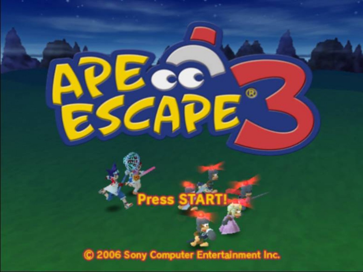 Ape Escape 3 PlayStation 2 platformer adventure game TV studio monkey capture Specter villain twin heroes Kei and Yumi transformation morphing abilities cowboy ninja knight gadgets net stun club vehicles tank sports car smarter monkey AI weapon stealing unlockable Mesal Gear Solid mini-game parody main menu title screen
