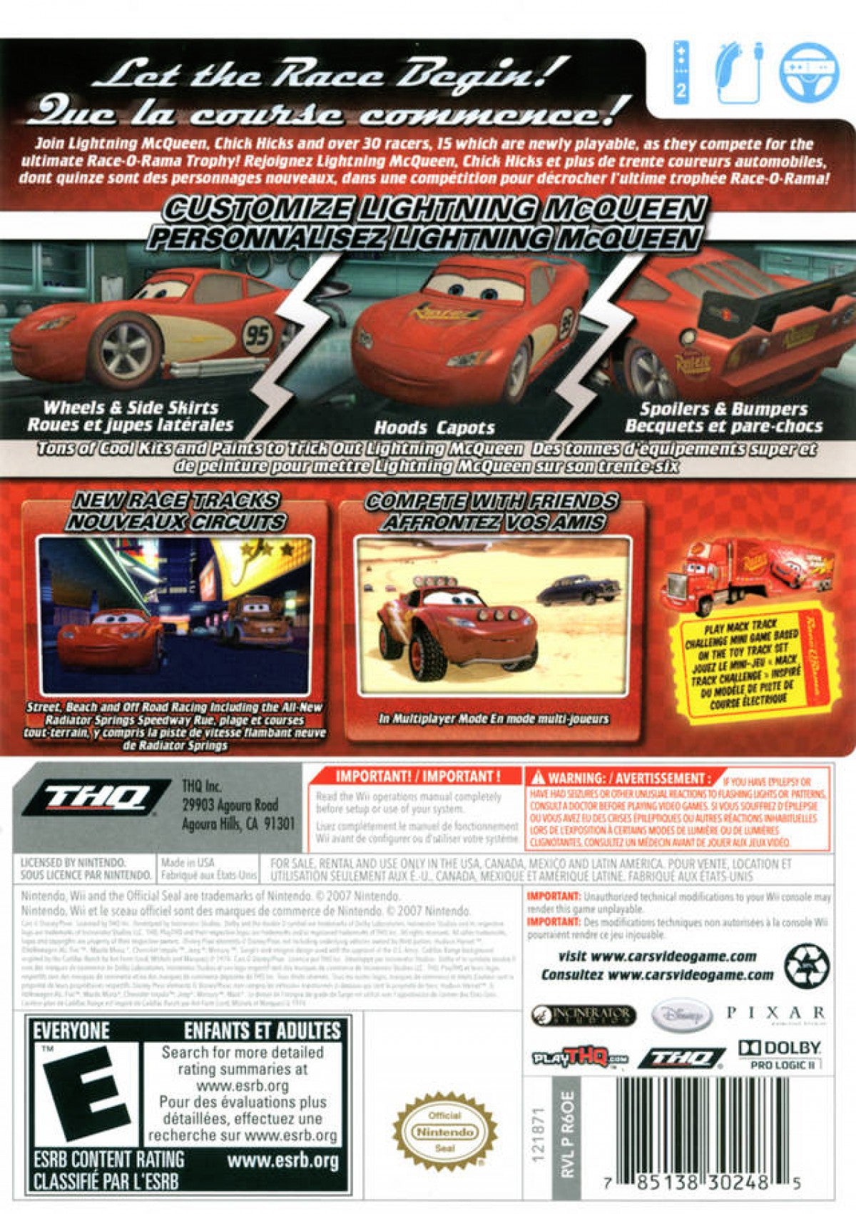 Disney Pixar Cars Race O Rama Nintendo Wii video game featuring fast paced racing gameplay iconic Cars movie characters multiplayer tracks stunts and family friendly interactive racing fun back cover