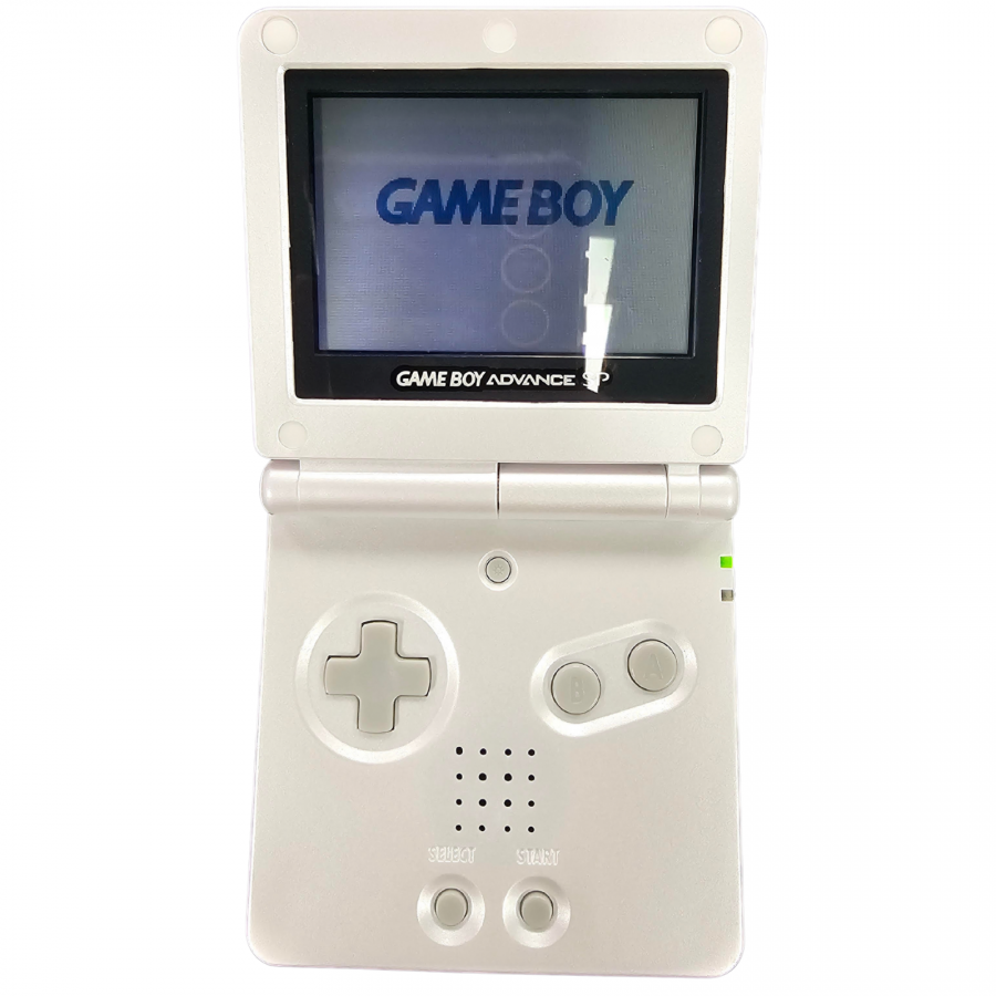 Game Boy Advance SP GBA SP Pearl White AGS 001 handheld console featuring flip screen design front lit display rechargeable battery compact portable gaming system Game Boy Advance compatibility classic Nintendo handheld hardware retro gaming collection collectible gaming appeal console screen on