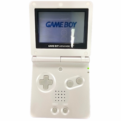 Game Boy Advance SP GBA SP Pearl White AGS 001 handheld console featuring flip screen design front lit display rechargeable battery compact portable gaming system Game Boy Advance compatibility classic Nintendo handheld hardware retro gaming collection collectible gaming appeal console screen on