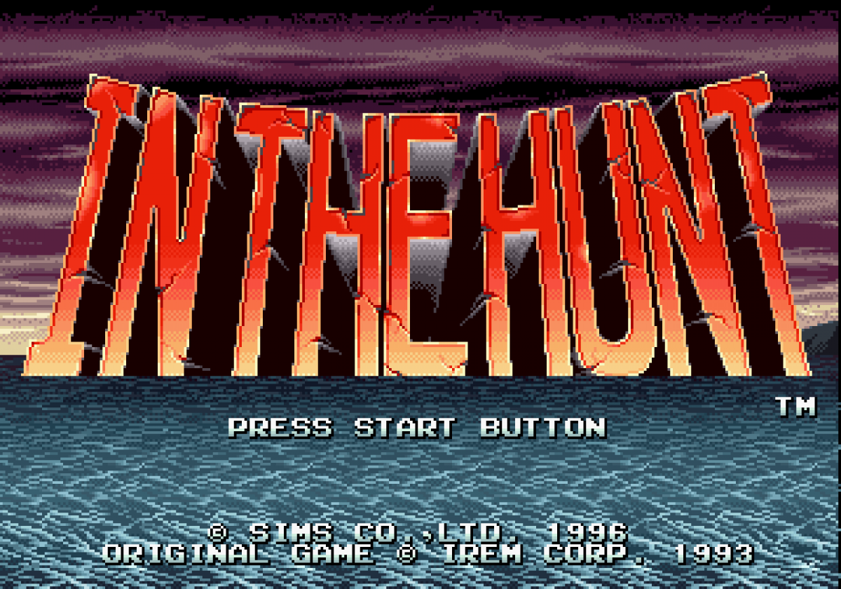 In The Hunt arcade Sega Saturn side scrolling submarine shooter underwater combat military sci fi action giant mechanical enemies explosive torpedoes Irem arcade port retro gaming Sega Saturn software video game title start screen 