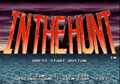 In The Hunt arcade Sega Saturn side scrolling submarine shooter underwater combat military sci fi action giant mechanical enemies explosive torpedoes Irem arcade port retro gaming Sega Saturn software video game title start screen 