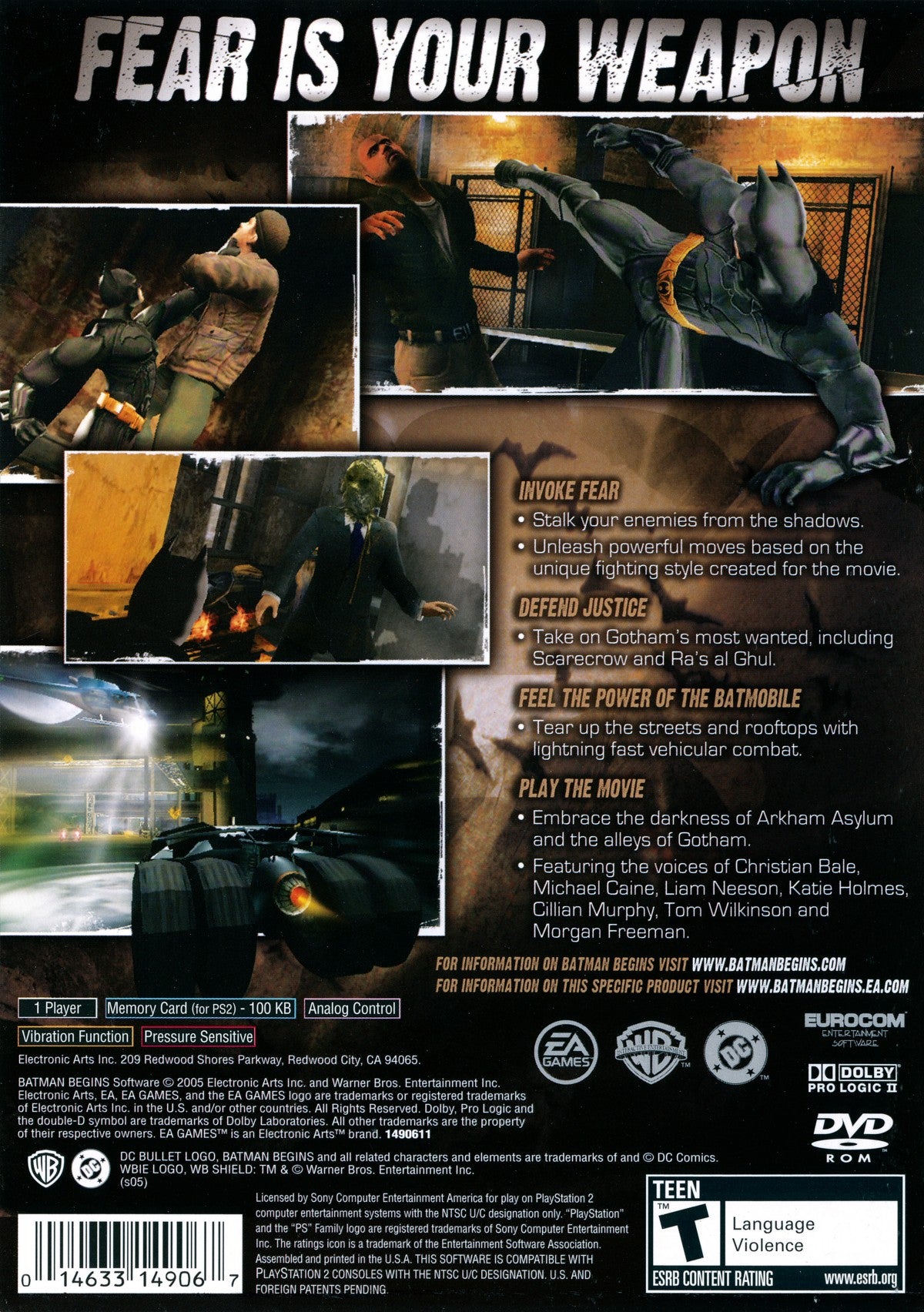 Batman Begins for PlayStation 2 with dark action-adventure theme based on the film back cover art