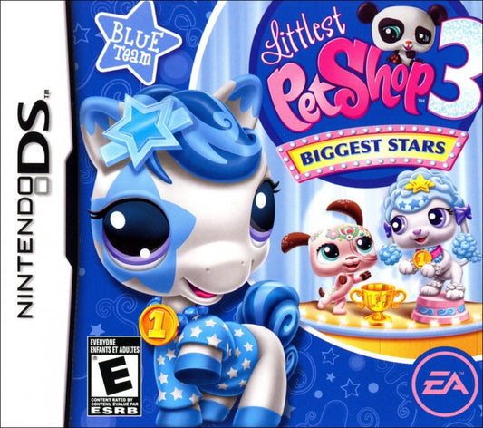 Littlest Pet Shop 3 Biggest Stars Blue Team for Nintendo DS (DS), cover image for a retro video game featuring pet care simulation gameplay, mini-game challenges, animal customization, talent competitions, and family-friendly adventure activities