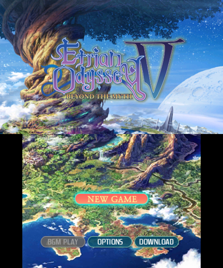 Etrian Odyssey V Beyond the Myth Nintendo 3DS video game featuring dungeon crawling role playing gameplay first person exploration party customization turn based combat map making character classes skill progression and classic Nintendo 3DS gameplay retro video game collection collectible gaming appeal start screen