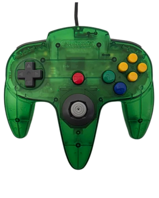 Nintendo 64 Controller Jungle Green official Nintendo OEM N64 controller in jungle green translucent color featuring analog stick three prong design and rumble pack compatible accessory front 