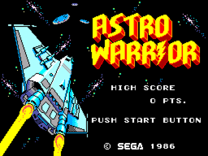 Astro Warrior Sega Master System SMS for arcade shoot em up video game fans featuring space combat futuristic environments enemy waves power ups weapon upgrades scrolling shooter gameplay challenging stages boss battles and classic Sega Master System action collectible retro gaming appeal gameplay