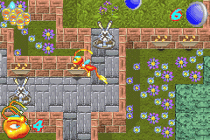 Zapper for Game Boy Advance, gameplay for an action platformer video game with arcade-style gameplay, obstacle navigation, bug-themed levels, and fast-paced challenges