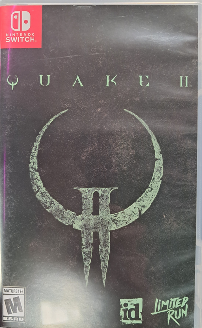 Quake II Nintendo Switch inspired design featuring sci fi first person shooter aesthetic futuristic military combat hostile alien Strogg forces fast paced action intense weapons based gameplay classic arena shooter revival modern enhanced presentation front cover