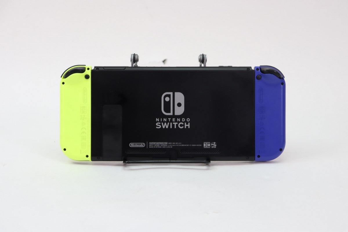 Nintendo Switch system with dock and blue and yellow Joy Cons featuring versatile home and portable gaming modes back facing