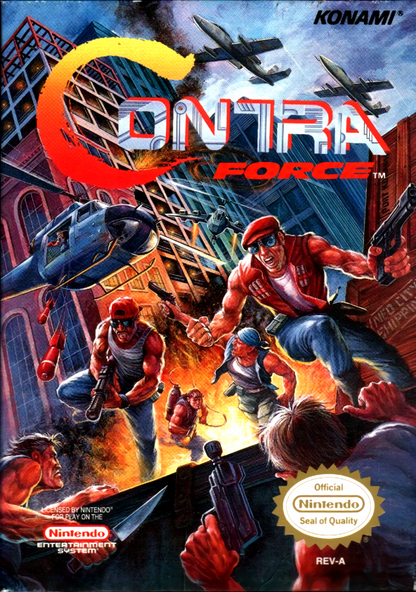 Contra Force Nintendo Entertainment System NES for retro video game enthusiasts featuring run and gun action gameplay side scrolling shooter mechanics cooperative missions intense enemy encounters military themed combat challenging stages and collectible gaming appeal cover