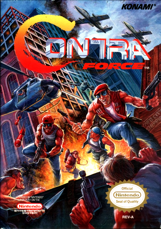 Contra Force Nintendo Entertainment System NES for retro video game enthusiasts featuring run and gun action gameplay side scrolling shooter mechanics cooperative missions intense enemy encounters military themed combat challenging stages and collectible gaming appeal cover