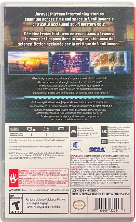 13 Sentinels Aegis Rim Nintendo Switch inspired design featuring sci fi narrative adventure aesthetic intertwining character storylines giant mech battles time travel mysteries stunning hand drawn visuals strategic combat and immersive storytelling presentation back art 