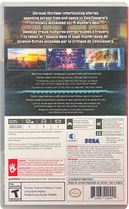 13 Sentinels Aegis Rim Nintendo Switch inspired design featuring sci fi narrative adventure aesthetic intertwining character storylines giant mech battles time travel mysteries stunning hand drawn visuals strategic combat and immersive storytelling presentation back art 