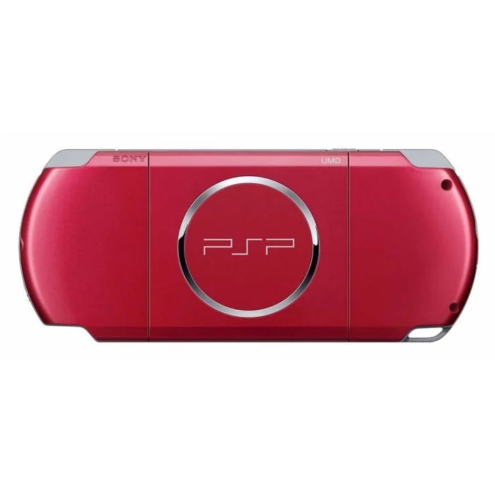 Red PlayStation Portable 3001 PSP 3001 handheld gaming console featuring vibrant red finish portable PlayStation gaming UMD game support widescreen LCD display built-in controls memory stick storage wireless connectivity and classic Sony handheld hardware collectible retro gaming appeal back of console