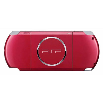 Red PlayStation Portable 3001 PSP 3001 handheld gaming console featuring vibrant red finish portable PlayStation gaming UMD game support widescreen LCD display built-in controls memory stick storage wireless connectivity and classic Sony handheld hardware collectible retro gaming appeal back of console
