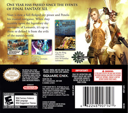 Final Fantasy XII Revenant Wings Nintendo DS game featuring real time strategy RPG gameplay with touch based unit control summoning mechanics base capturing and tactical combat set in the Final Fantasy XII universe back cover