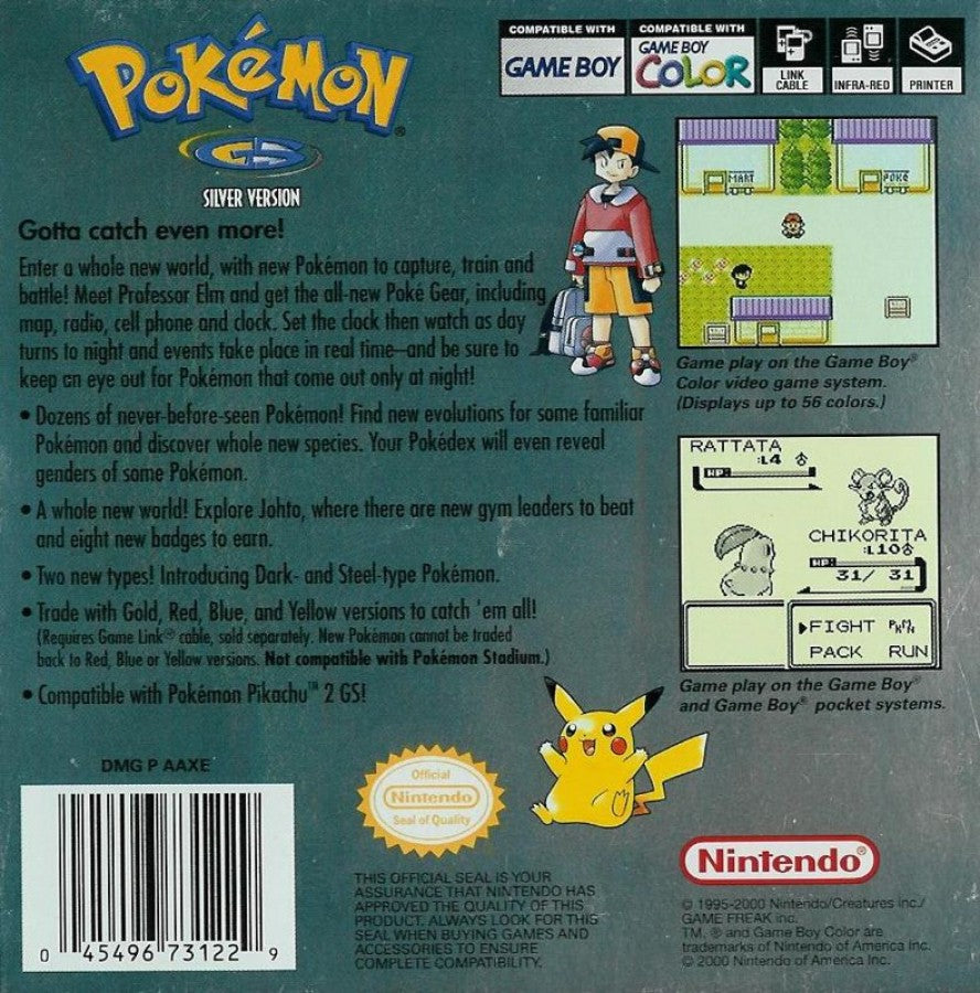 Pokemon Silver Version Nintendo Game Boy Color GBC for role playing adventure retro video game fans featuring monster collecting turn based battles Johto region exploration Pokémon training gym challenges legendary creatures classic handheld gaming collectible gaming appeal back of case