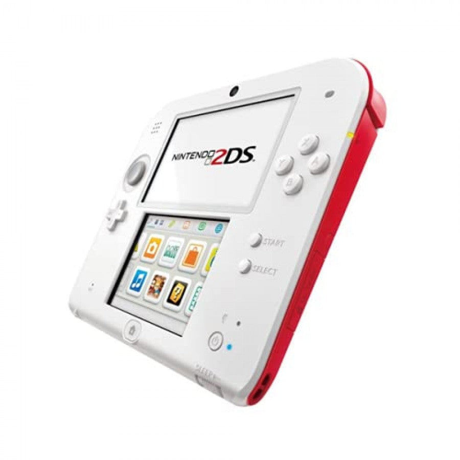 Nintendo 2DS handheld console in white and red with dual screens and durable design