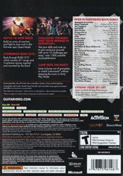 Guitar Hero Warriors of Rock Xbox 360 for rhythm music video game fans featuring guitar and band gameplay rock songs challenging note charts career quests multiplayer modes instrument controller support star power and high energy musical performances collectible gaming appeal back