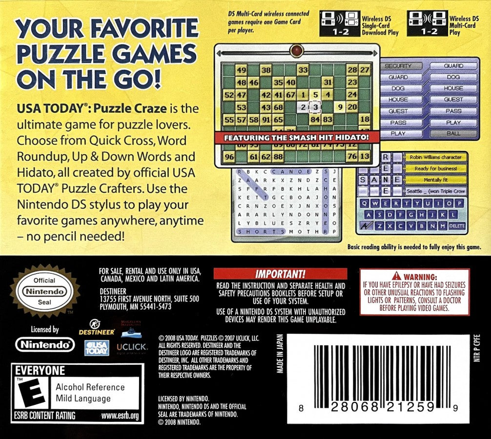 USA Today: Puzzle Craze back cover art for Nintendo DS (DS) video game