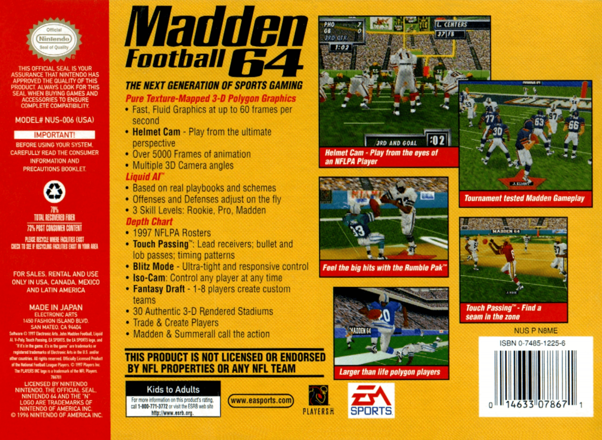 Madden NFL Football 64 back cover art for Nintendo 64 N64 video game
