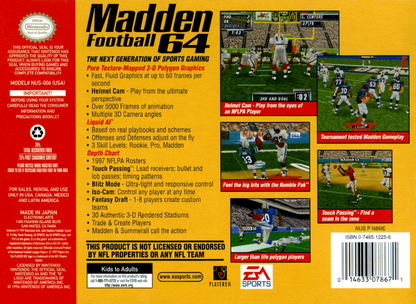Madden NFL Football 64 back cover art for Nintendo 64 N64 video game
