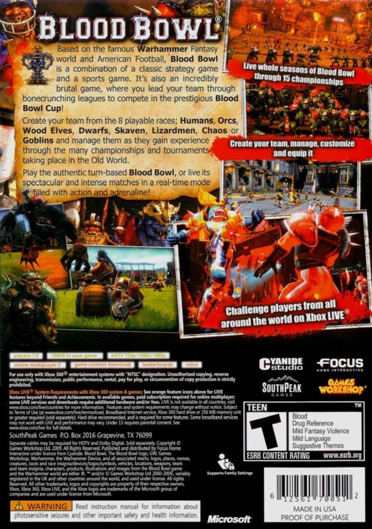 Blood Bowl for Xbox 360 with fantasy football strategy and team battle theme back cover