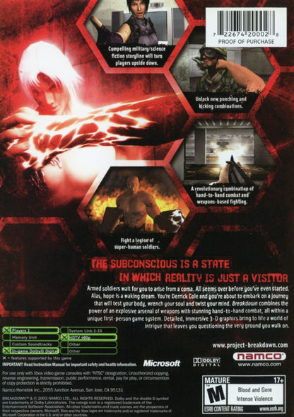 Breakdown retro Xbox video game Breakdown first person action adventure sci fi story driven combat shooter melee gameplay cinematic console title Xbox release back of case