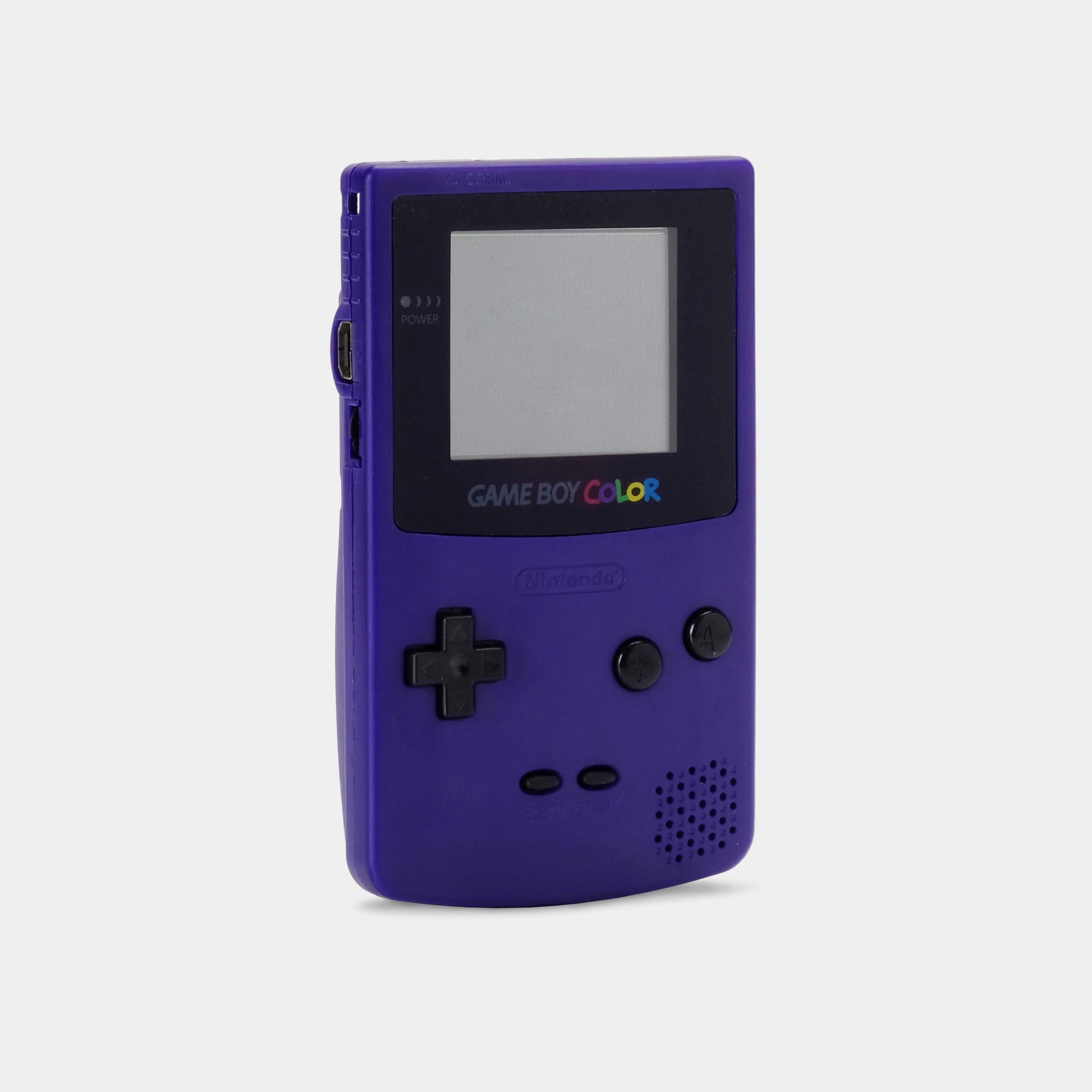 Front side view of a grape purple Nintendo Game Boy Color handheld console with screen, buttons, and speaker visible.