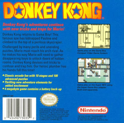 Donkey Kong Nintendo Game Boy GB for puzzle platformer retro video game fans featuring Mario adventure challenging platforming creative puzzles barrel dodging classic arcade inspired gameplay memorable boss battles collectible gaming appeal back of case