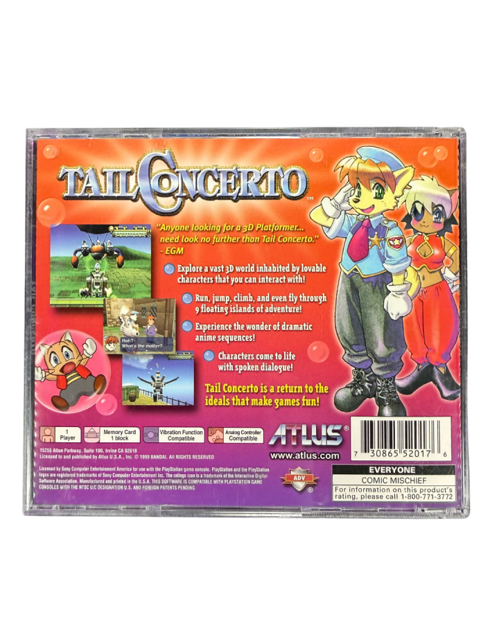 Tail Concerto PlayStation PS1 for action adventure video game fans featuring anime inspired storytelling 3D platforming gameplay robot mech combat charming anthropomorphic characters puzzle solving exploration colorful fantasy world classic cyberpunk adventure collectible gaming appeal back cover art