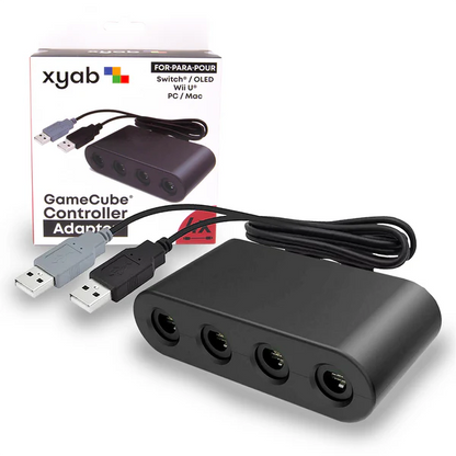 XYAB brand GameCube controller adapter compatible with PC, Wii U, and Nintendo Switch for connecting GameCube controllers to modern systems