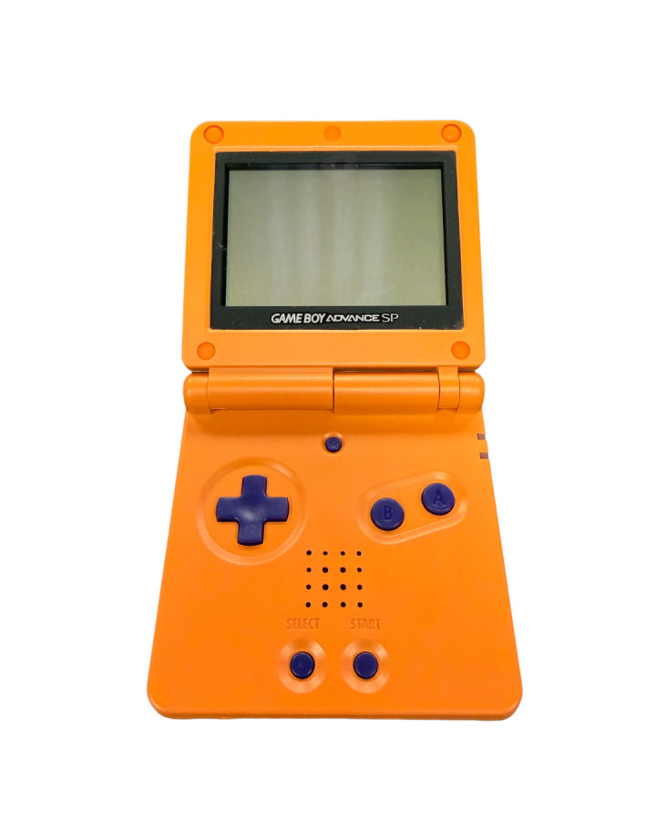 Game Boy Advance SP Naruto custom shell handheld gaming system featuring a custom Naruto themed shell design with a frontlit screen clamshell design rechargeable battery and compatibility with Game Boy Advance and Game Boy Color games