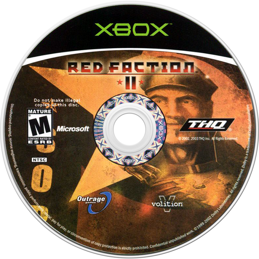 Red Faction II Xbox game featuring first person shooter gameplay futuristic sci fi storyline destructible environments multiplayer modes and explosive combat action by THQ disc