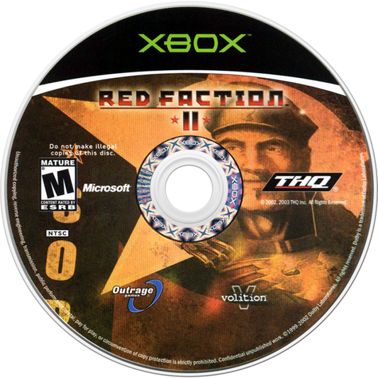 Red Faction II Xbox game featuring first person shooter gameplay futuristic sci fi storyline destructible environments multiplayer modes and explosive combat action by THQ disc