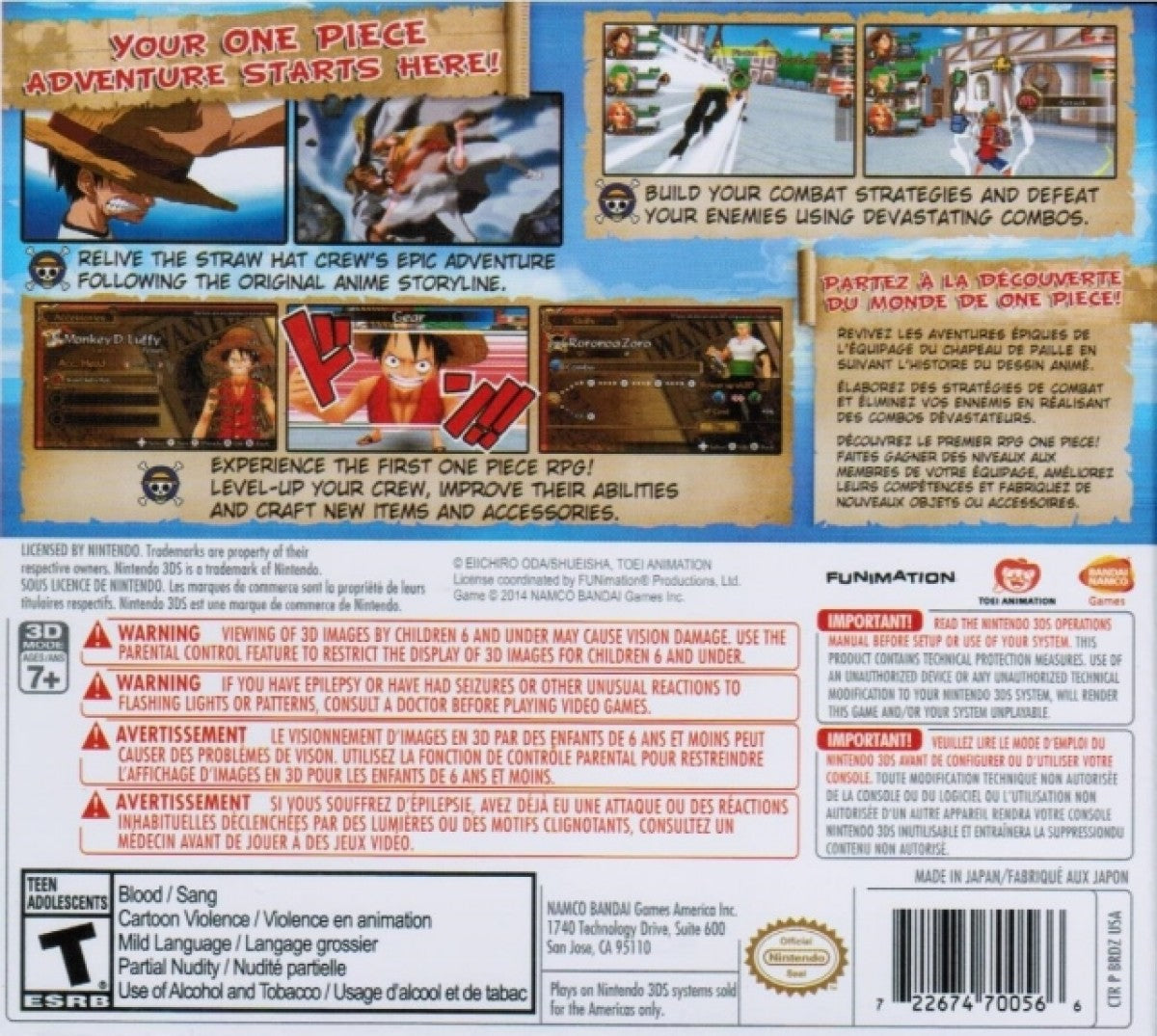 One Piece Romance Dawn Nintendo 3DS game featuring turn based RPG gameplay following Luffy and the Straw Hat crew with story driven adventures character progression and battles based on the One Piece anime series back cover  