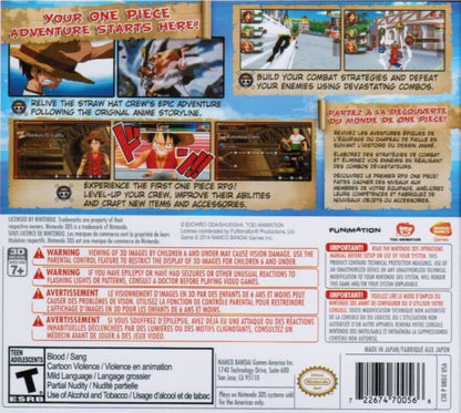 One Piece Romance Dawn Nintendo 3DS game featuring turn based RPG gameplay following Luffy and the Straw Hat crew with story driven adventures character progression and battles based on the One Piece anime series back cover  