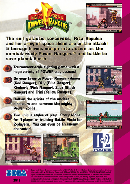 Mighty Morphin Power Rangers back cover art for Sega Game Gear (GG) video game