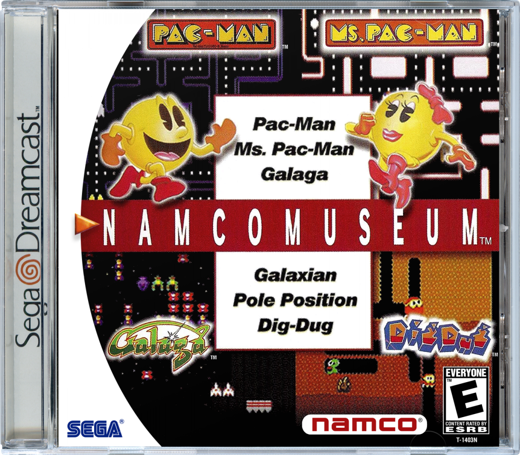 Namco Museum compilation game for the Sega Dreamcast featuring classic arcade titles such as Pac-Man Galaga and Dig Dug with authentic arcade style gameplay bonus museum content and retro gaming presentation front cover