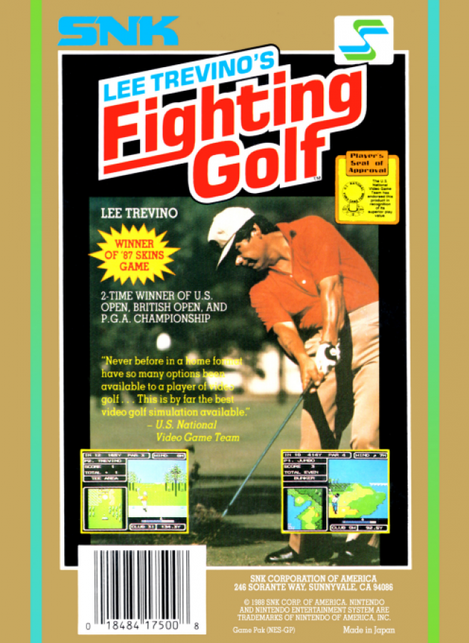 Lee Trevinos Fighting Golf back of box for Nintendo Entertainment System NES retro video game 