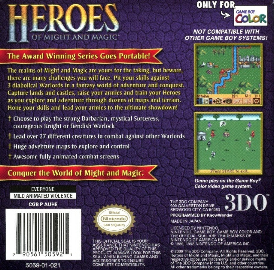 Heroes of Might and Magic Game Boy Color GBC back of case for retro video game enthusiasts featuring fantasy strategy gameplay turn based tactical battles hero progression kingdom management mechanics magical world exploration and portable handheld strategic gaming experience and collectible gaming appeal