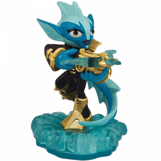Punk Shock Skylanders Swap Force figure, water element eel-like character with electric powers, blue and yellow design, posed in dynamic attack stance with lightning effects, detailed collectible toy on portal base from Skylanders Swap Force series
