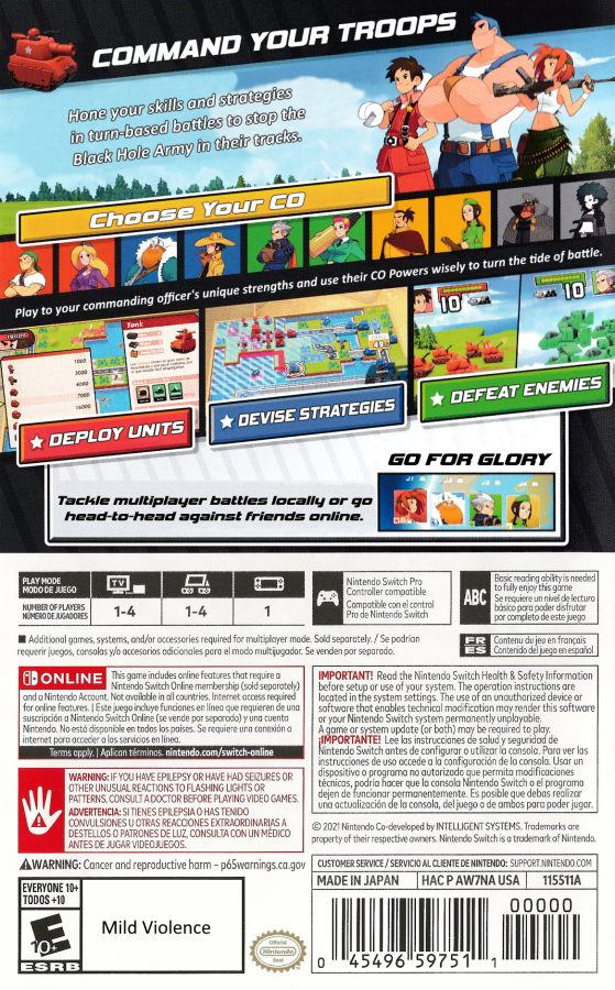 LocalID_Advance Wars 1+2: Re‑Boot Camp back cover art for Nintendo Switch (NS) featuring remastered tactical strategy gameplay, commanding armies across grid‑based battlefields with updated visuals and classic campaigns.47573 