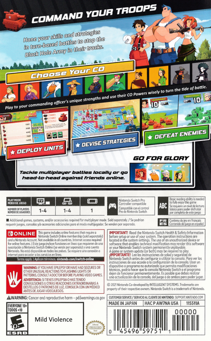 LocalID_Advance Wars 1+2: Re‑Boot Camp back cover art for Nintendo Switch (NS) featuring remastered tactical strategy gameplay, commanding armies across grid‑based battlefields with updated visuals and classic campaigns.47573 