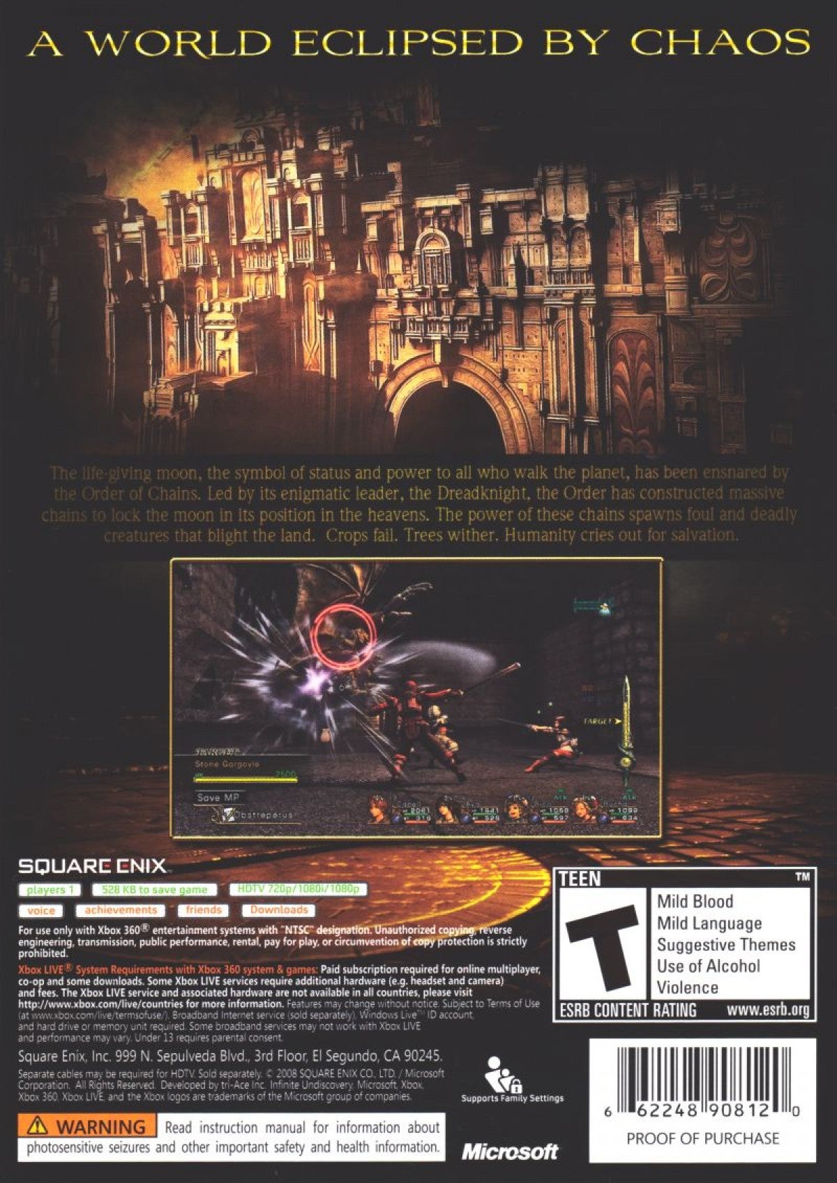 Infinite Undiscovery Xbox 360 video game featuring epic action role playing gameplay real time combat cinematic story classic JRPG mechanics and Square Enix fantasy adventure title back cover