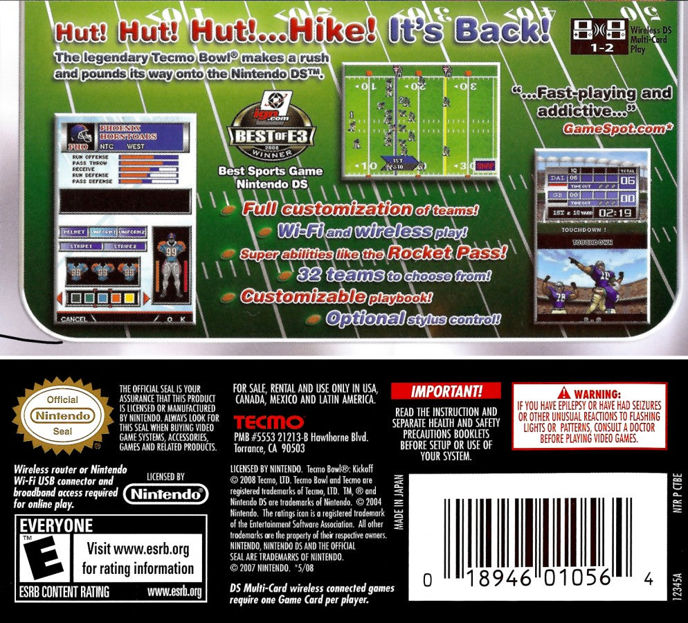Tecmo Bowl: Kickoff for Nintendo DS arcade style American football video game featuring simplified NFL gameplay, fast paced matches, team customization, and stylus friendly handheld controls for classic gridiron action experience back cover